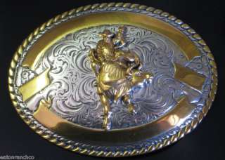 New Crumrine Belt Buckle Silver Gold Bull Rider Riding  