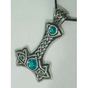  Pewter Thors Hammer with Green Stones Celtic Norse Viking 