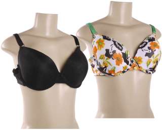 Womens 2 pk bras,underwire,molded,black,white,orange,green solid and 