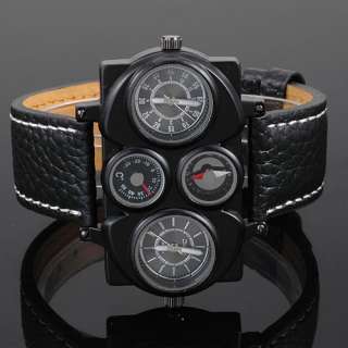 Black Big Dual Time GMT Mens Quartz Sport Watch GENUINE Leather 4 