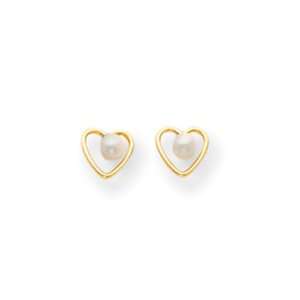  14k Gold 3mm Pearl Birthstone Heart Earrings Jewelry