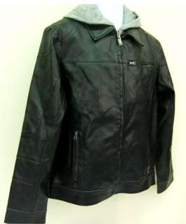 Mens Route 66 Leather Biker Jacket w/ Gray Knit Hood XL  