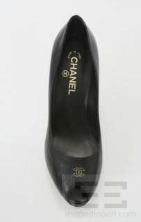 Chanel Black Leather Yellow Logo Peep Toe Heels Size 40 07A  