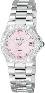 New Citizen Eco Drive Riva Diamond Pink Dial Womens Watch EW0890 58X 