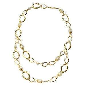  Yellow Gold Plated Circles and White Beads Double Necklace 