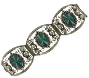 Large Vintage Filigree Mexico Sterling Green Bracelet  