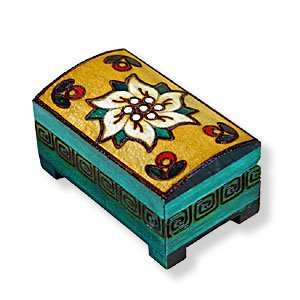Wooden Box, 5409, Handcrafted Keepsake Chest, Turquoise with Flower, 4 