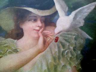 1900 Color Print of Victorian Lady feeding Cherries to a Dove SF Call 
