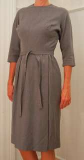 VTG 60s Grey WOOL career wiggle dress weighted front pleat belt BONWIT 