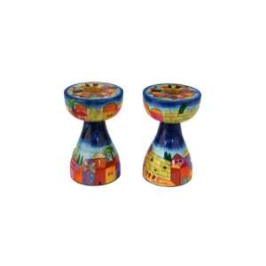   Wood Shabbat Candlesticks with Holy City Depictions