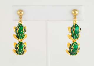 14KT Yellow Gold Ep Green Enamel Frogs Dangle Earrings  