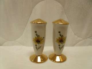 VINTAGE BEL TERR DAISY GOLD TRIM SALT AND PEPPER SHAKERS  