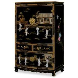 Asian Black Lacquer TV Armoire   Mother of Pearl Design  