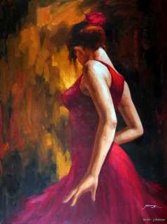 Spanish Dancer Flamenco Brunette Red Dress 36X48 Oil On Canvas 