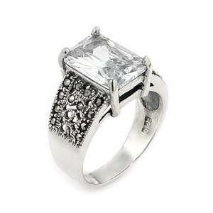   Round Marcasite Ring With Rectangular Cz Center Stone, Size 6 Jewelry