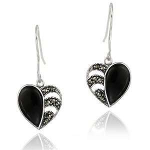  Sterling Silver Marcasite & Onyx Heart Earrings Jewelry