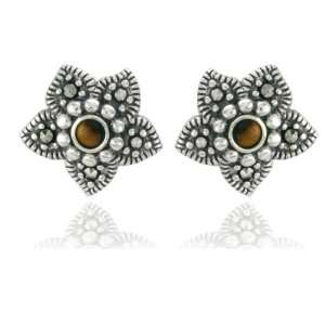   Sterling Silver Marcasite and Tiger Eye Flower Post Earrings Jewelry
