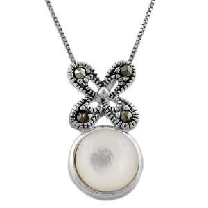  Silver Marcasite Mother Of Pearl 18 Inch Necklace Jewelry