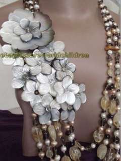 JL Citrine Smoke Crystal Pearl Shell Flower Necklace  