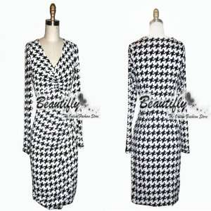   neck Houndstooth Print Long Sleeves Casual Cocktail Ball Women Dress