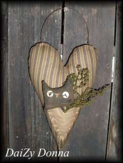Primitive hanging heart w kitty cat and sweet anni AB4B  