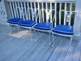   WOODARD WROUGHT IRON TABLE AND ELECTRIC COBALT BLUE CHAIRS cps  