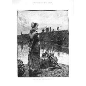  1881 YOUNG WOMAN WAITING FERRY BOAT FARMERS FINE ART