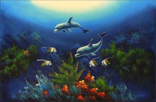 Framed High Q. Hand Painted Oil Painting Seaworld with Dolphins  