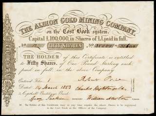 March 14, 1853, California Gold Rush Stock Certificate  