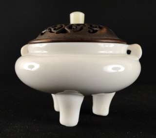  18C. Chinese Blanc De Chine Porcelain Carved Wood & Jade Finial Censer
