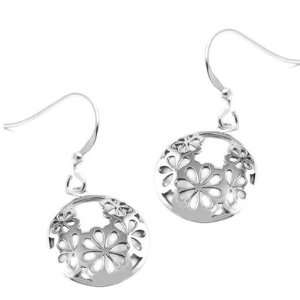  Flowers adorn these circular stirling silver drop earrings 