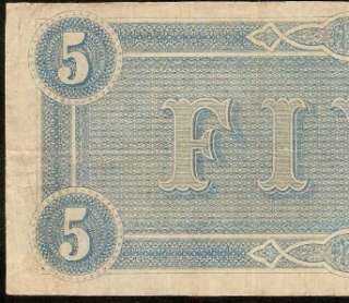1864 $5 DOLLAR BILL CONFEDERATE CURRENCY CIVIL WAR ERA NOTE CSA PAPER 