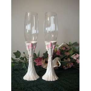  Pearl White Castle Toasting Glasses with Pink Accents 