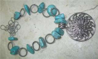 BIG SILVER PENDANT CHUNKY TURQUOISE NUGGET BEADED NECKLACE  