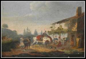 Antique French Landscape Oil Painting w Figures & Horses  