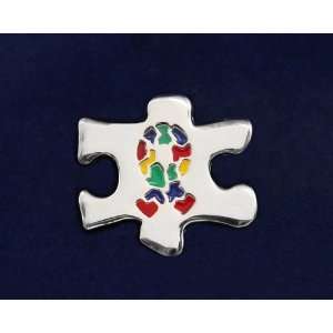 Autism Ribbon Pin  Large Silver Puzzle Piece w/ Autism Ribbon (Retail)