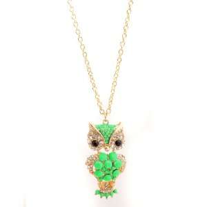   Head Gold Plated Neon Green Crystal Owl Necklace 