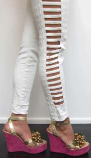 Vtg 80s WHITE Skinny Jeans + lattice lace cutout + Spandex Leggings 