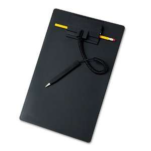   Wedgy refillable pen and a #2 pencil.   Letter size clipboard hangs