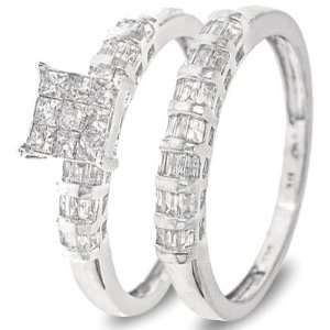 Cut Diamond Womens Bridal Wedding Ring Set 14K White Gold   Two Rings 