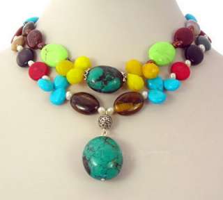 Jewelry Turquoise tigers eye stone & agate Pendants Necklace  
