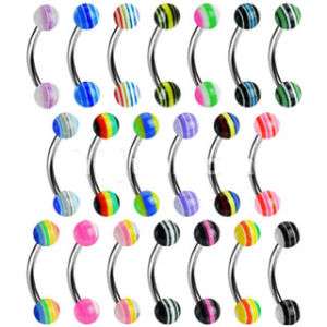 20 Pc 16g All Different Stripe 3mm BALL Eyebrow Rings  