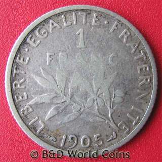 FRANCE FRENCH 1905 .13oz SILVER ONE 1 FRANC 23mm coin  