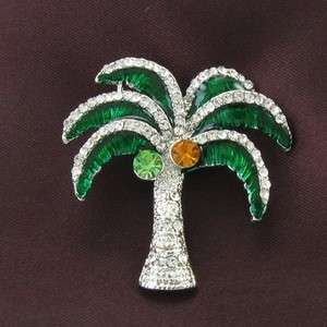 Palm Tree Leaf Tropical Hawaii Green Clear Stones Brooch Pin Pendant 