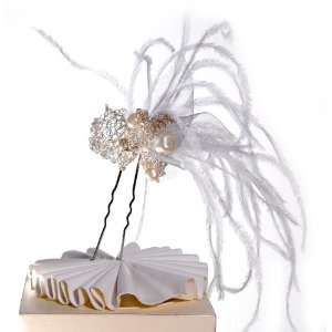  Gina Vitale ~ Feather Hair Pin With Woven Crystal Clusters 