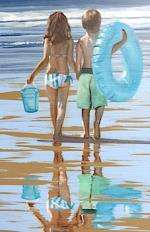   Johnson original painting, Beach,Sea,Children,summer,surf art framed