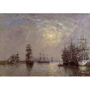   Sailing Ships at Anchor Sunset, By Boudin Eugène 