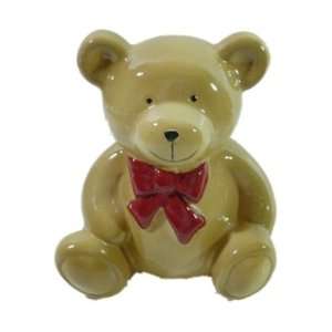  Smiling Bow tied Teddy Bear Piggy Bank 4 3/4 Inches Tall 