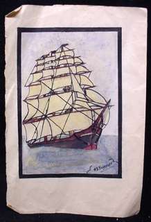Original Signed Watercolor Painting Sailing Ship At Sea  