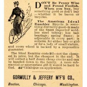  1892 Ad Gormully Jeffery American Ideal Rambler Bicycle Bike 